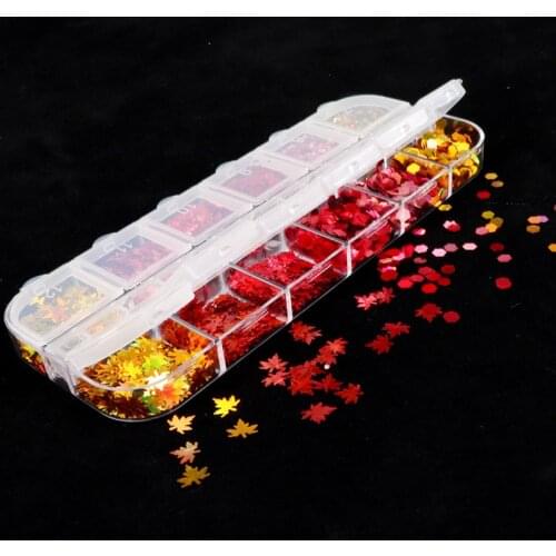 1 box of 12 grid boxed laser color mixing Maple Leaf-Laser Butterfly-Colored Leaves-Fairy Eyes-Mermaid-Nail Sequin Art Jewelry