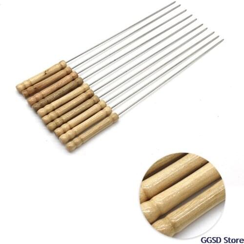 10pcs/lot 31cm BBQ Kebab Skewers with Wooden Handle BBQ Tools Stainless Steel BBQ Roasting Needle Barbecue Sticks Kebab Skewers