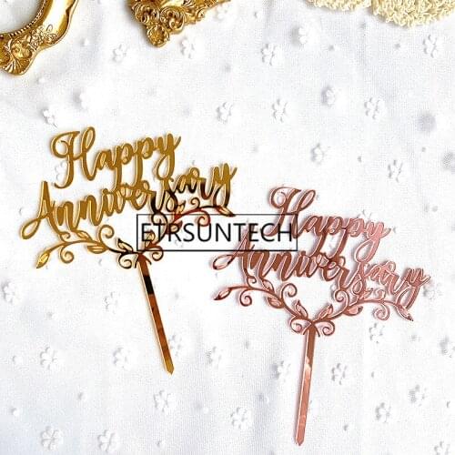 200pcs Cake Flags Happy Anniversary Cake Topper Acrylic Wedding Engagement Party Cake Baking Decor Supplies