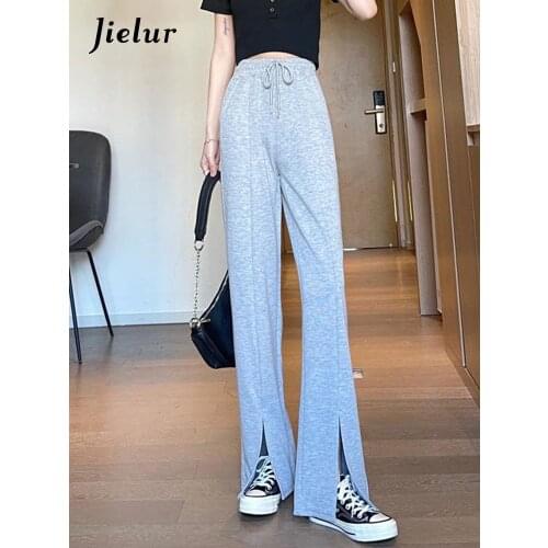 Jielur Fashion Split Womens Pants Sports Grey Straight Spring New High-waisted Trousers for Female Loose Korean Casual Pants