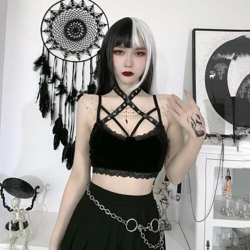 Summer Lady Street Lace Spliced Hollow Sexy Short Length Camisole Top Dark Gothic Women Black Eyelet Strap Halter Camis 2021