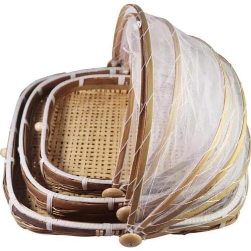 Tray Fruit Vegetable Bread Storage Basket Hand-Woven Food Serving Tent Basket Outdoor Picnic Mesh Net Cover Bread Basket