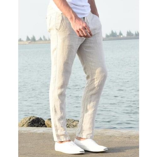 Male linen casual pants mens summer breathable slim straight pants men elastic waist male flax trousers thin beige white khaki