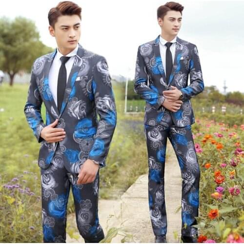 Singer star style stage grey slim clothing for men printing suit set with pants 2020 mens wedding suits costume formal dress tie