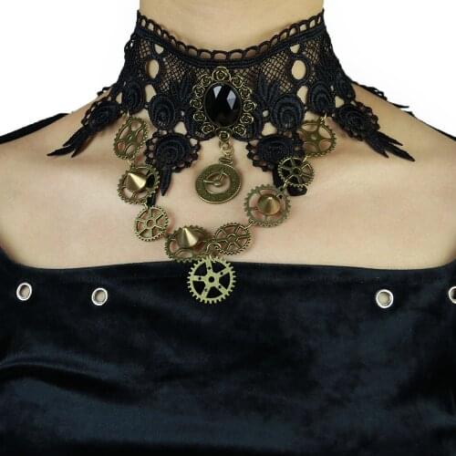 Steampunk Gothic Necklace for Women Black Crystal and Lace with Alloy Rivets New Necklace Vintage Chokers for Female