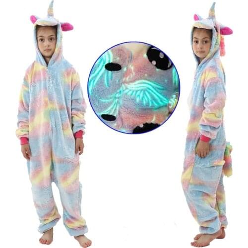 2021 New Winter Girls Unicorn Pajamas Flannel Soft Warm Glow in the Dark Kigurumi Pajamas Unicorn Oneise Pajamas Overall Kids