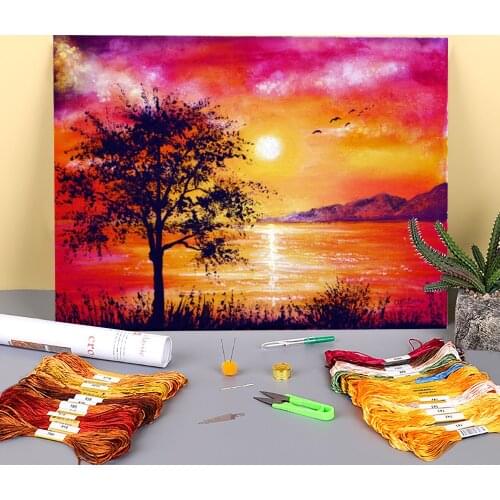 Natural Scenery Sunset Tree Printed Water-Soluble Canvas 11CT Cross Stitch DIY Embroidery Full Kit DMC Threads Design