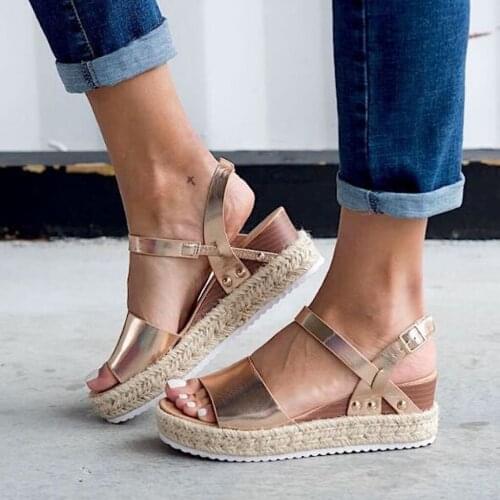 Dropshipping Shoes 2020 Summer Women Fashion Solid Color Sandals Buckle Strap Wedges Platform Retro Peep Toe Sandals