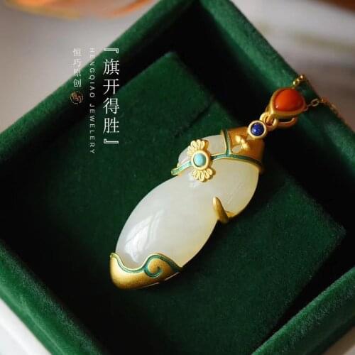 Qikaidesheng Natural Hetian White Jade Cheongsam Pendant Female S925 Silver Cloisonne Inlaid Necklace Retro Elegance