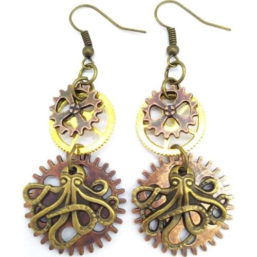New Design Octopus Charm with Mix Gears Vintage Industrial Steampunk Earrings