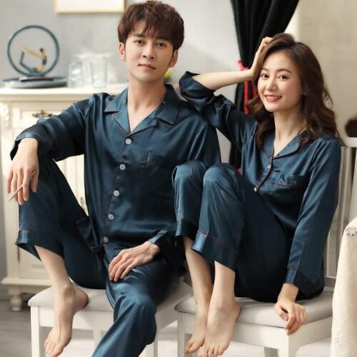 Silk Satin Couple Pajamas Summer Pijama Hombre Mens PJs Set 2Pieces Solid Sleepwear Sleep&Lounge Long Sleeve Leisure Wear Pajama