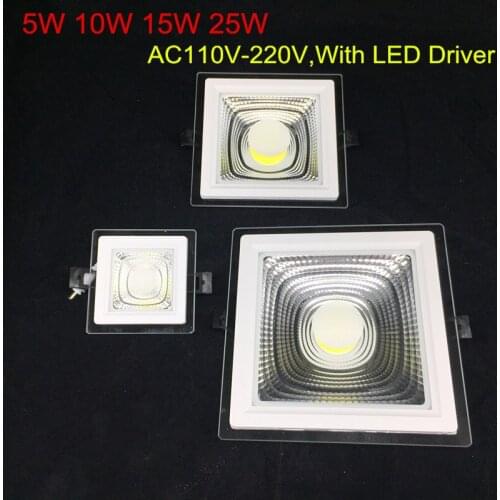 Glass Square LED Panel Light 5W 10W 15W 25W COB LED Downlight Recessed Ceiling Spot Down Light AC110V 220V + LED Dirver