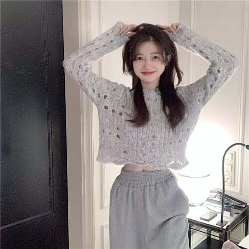 Autumn Girl Thin Knitted Crop Top Hollow Out O Neck Pull Sweaters Light Gray Lady Sexy Short Length Sweater Korean Fashion Cloth