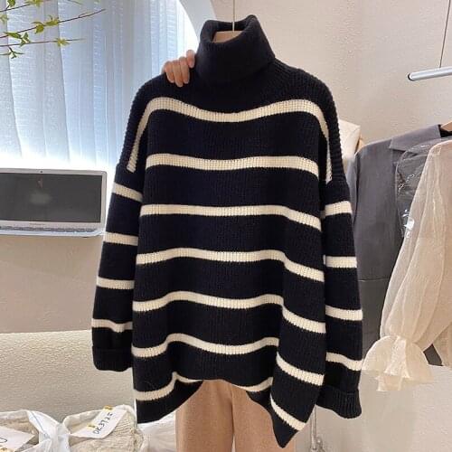 Turtleneck Knitted Women Sweater Pullovers Winter New Striped Long-Sleeved Thicken Warm Female Pulls Outwear Coats Tops