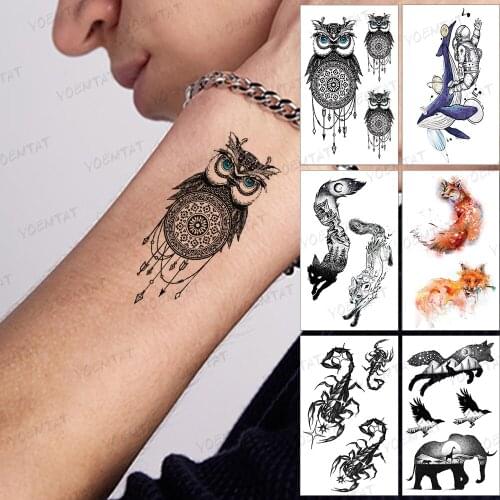 Waterproof Temporary Tattoo Sticker Round Owl Animal Blue Linear Black Tatto Neck Arm Fake Tatoo Woman Man Child Tattoos