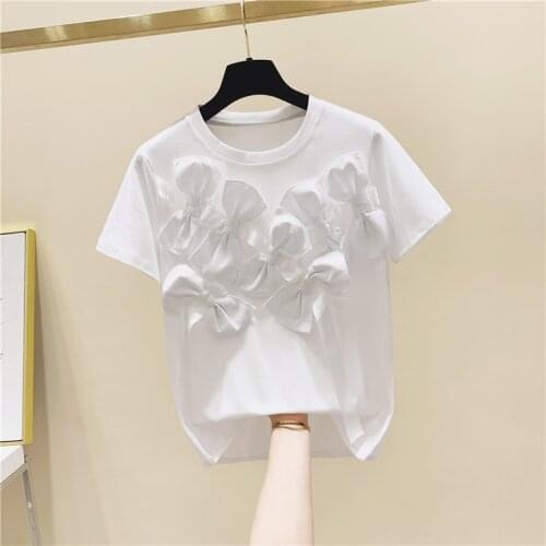 Three-Dimensional Bow Decoration Short Sleeve Cotton Focus T-shirt Female 2020 Summer Top Loose White Black Tshirt Ladies Blusas