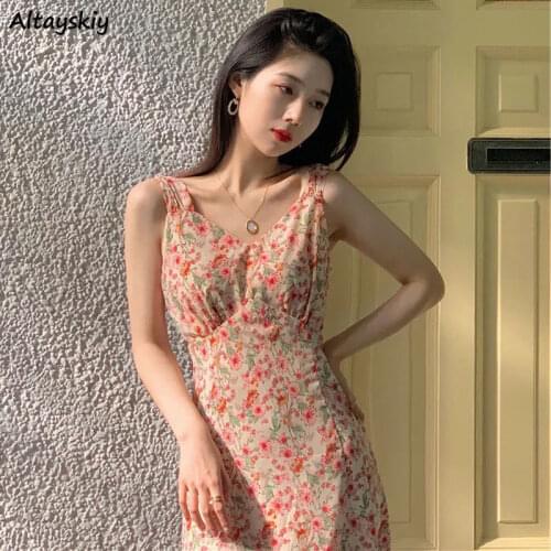 Sleeveless Dresses Women Summer Split Floral Feminine Cozy Midi Vestidos Slim Off-shoulder Sexy Sweet Stretwear Chic Female New