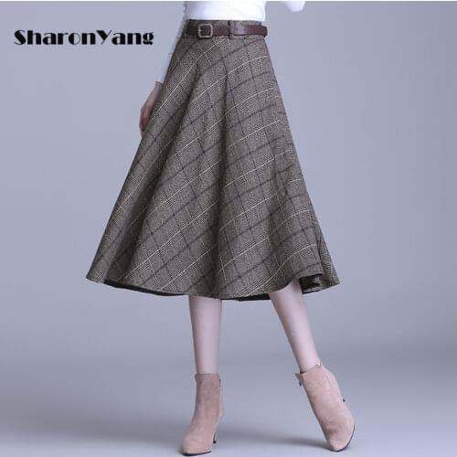 Plaid Skirt Women 2021 New Autumn and Winter Lady Skirt High Waist Loose Knee-length Skirt Womens Skirt with Belt Pocket