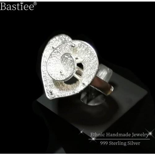 Vintage 999 Sterling Silver Rings For Women Accessories Heart Ring Engagement Adjustable Handmade Luxury Jewelry Wedding Ethnic