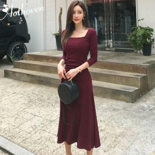 Spring Burgundy Draped A-line Dress 2019 Women Long Sleeve Square Collar Vintage Knitting Dress Elegant Party Dresses Vestidos