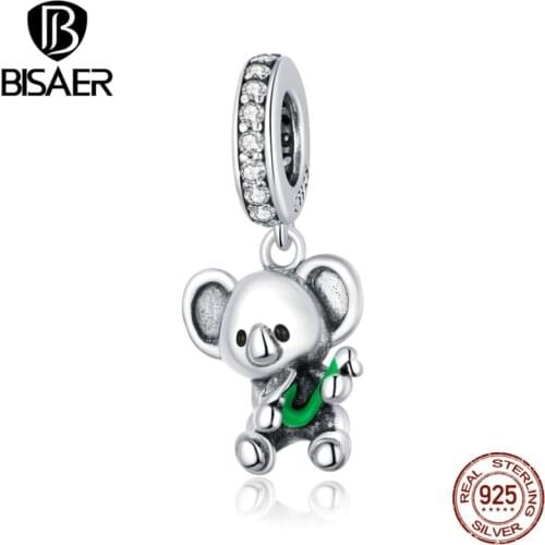 BISAER Koala with Saxophone Beads 925 Sterling Silver Shiny Zircon Blue Charms Fit DIY Women Bracelet Necklace Pendant ECC1628