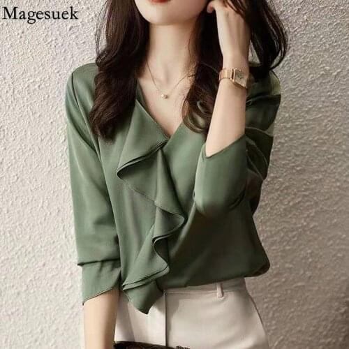 Elegant Ruffle V-neck Womens Shirt Long Sleeve Satin Silk Shirt Chiffon Top Female 2021 Summer New Korean Style Blouse 13876