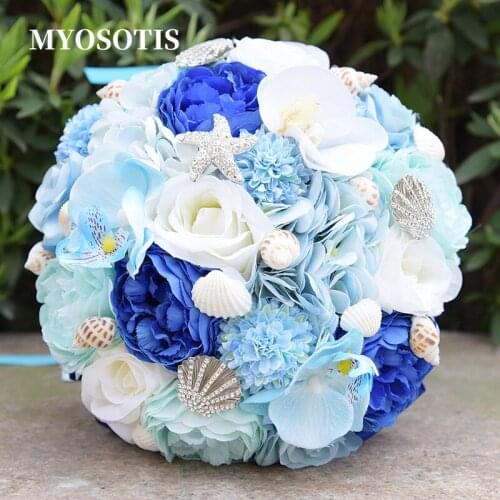 European European Blue Bridal Flower Wedding Bouquets Mariage Starfish Consh Seaside Designs Accessoires Hand Bouquet