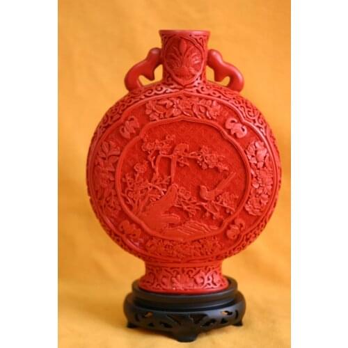 11 inches/Exquisite Chinese Classical Traditional Technology Red Lacquer Flower Bird Designs Auspicious Vase No.5