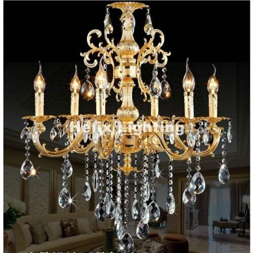 Golden European-style Classic Crystal Chandelier Light Golden Alloy Crystal Lighting With 6 Arms D700mm LED AC 100% Guaranteed