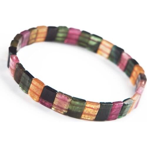 Colorful Genuine Natural Tourmaline Bracelets Women Female Stretch Healing Crystal Rectangle Bead Bangle Bracelet