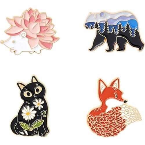 Forest Garden Enamel Pin Custom Fox Cat Bear Hedgehog Brooches Bag Lapel Pin Cartoon Animal Badge Jewelry Gift for Kids Friends