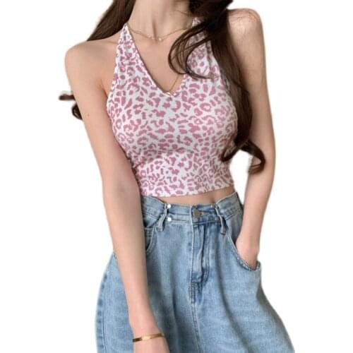 Summer Women Halter Tank Tops Pink Leopard Tops Sexy Vintage Backless Steetwear Tube Tops