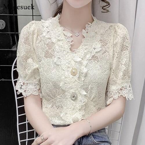 Summer Sweet Lace Blouse Women Crochet Hollow Flower Stitching Womens Shirt Korean V-neck Slim Short Sleeve Tops Blusas 15388