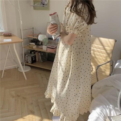 Love Print Summer Nightgown Vintage Loose Long Nightdress Sleepwear Cotton Buttons Sweet Home Clothes Lace Ruffles Kawaii