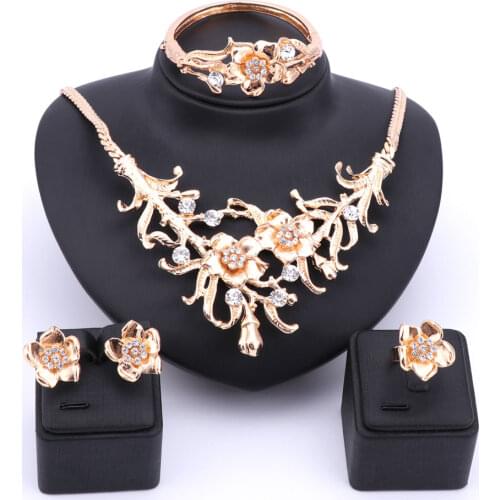 Fashion Dubai Luxury Rhinestone Bridal Necklace Earring Bangle Ring African Costume Gold Color Flower Jewelry Sets