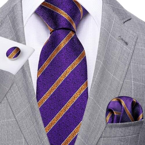 Fashion Purple Gold Striped Men Tie Set Silk Jacquard Neckties Wedding Business Handkerchief Cufflink Tie Set Barry.Wang FA-5294