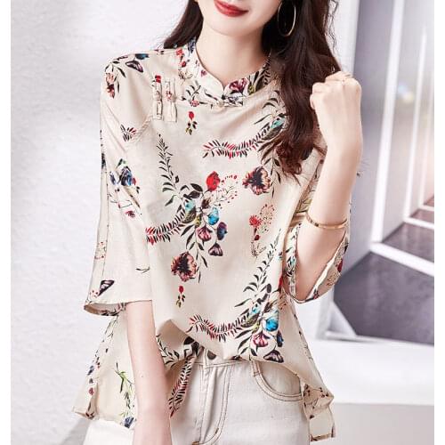 Fashion Women Summer Shirts Clan Style Chiffon Blouses Stand-Up Collar Raglan Sleeves Print Tops Casual Blusas MM0481