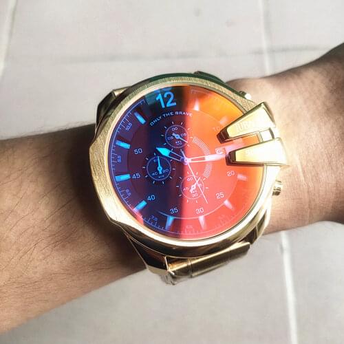 Gold Steel Strip Brand Mens Sports Chronograph watch Quartz Military Refractive Glass Creative Business Watch Relogio Masculino