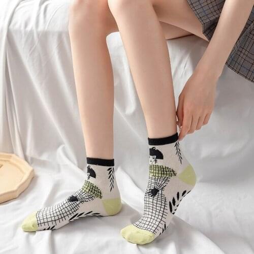 2021 Spring and Autumn Pure Cotton Socks Female Cute Yearning for Life Series Kawaii Personality Lattice Breathable Short Socks