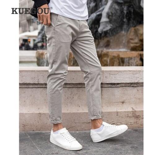 KUEGOU 2020 New Cotton Spandex Mens Casual Pants Spring Slim Straight Micro elastic Classic trousers summer Plus Size KK-3002