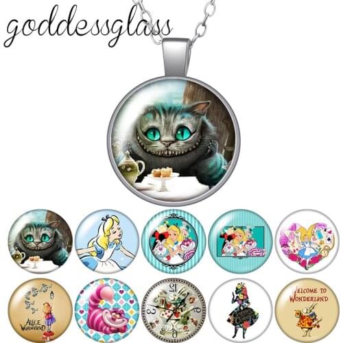 Cartoon Princess Alice Cheshire cat Rabbit clock Round Glass glass cabochon silver plated/Crystal pendant necklace jewelry Gift