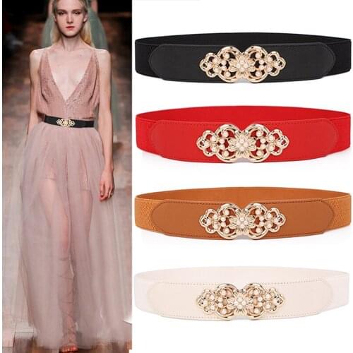 New Fashion Thin PU Leather Belt Simulated Pearl Elastic Waistbands white pearls flower buckle Women for Dress Girls