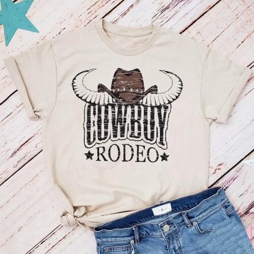 Retro Style Cowboy Rodeo Printed 70s 80s Tshirt For Women Short Sleeve Cotton Loose Graphic Tops American Fashion Hipster Tees