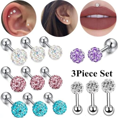 3PCS Crystal Ball Tragus Piercing Earring Set Stainless Steel Labret Piercing Set 16G Daith Earring Conch Piercing Lot Lip Ring