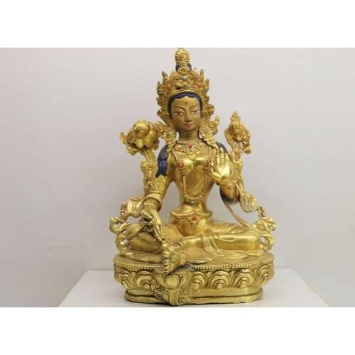 Tibet Buddhaism Copper 24K Gold Gilt Green TaRa Goddess Kwan-Yin Buddha Statue