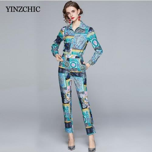 Spring New Woman Suits 2pcs Vintage Printed Ladies Office Blouse Pants Sets Female Casual Shirt + Long Pencil Pants Sets Summer