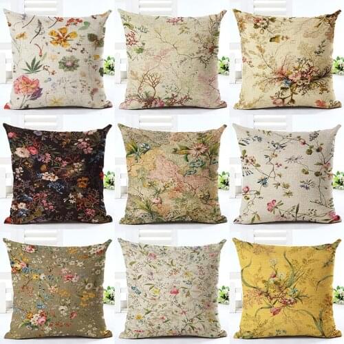Vintage Style Cotton Linen Cushion Cover Creative Printed Flower Square Sofa Pillow Case Sofa Car Decor Almofadas Cojines