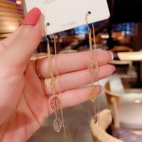 2020 New Trend Korean Leaves Long Tassel Ear Line Dangle Earrings Temperament Wild Super Fairy Earring Women Jewelry Party Gift