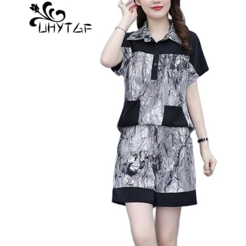 UHYTGF Women Suit Fashion Printed Short-Sleeved T-Shirt Top Summer Two-Piece Sets Casual Female 5XL Plus Size Shorts Tracksuit 9