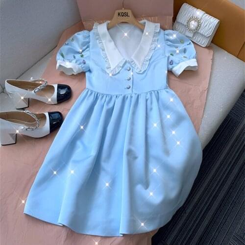 Sweet puff sleeve diamond dress women peter pan collar French style vintage ball gown dress